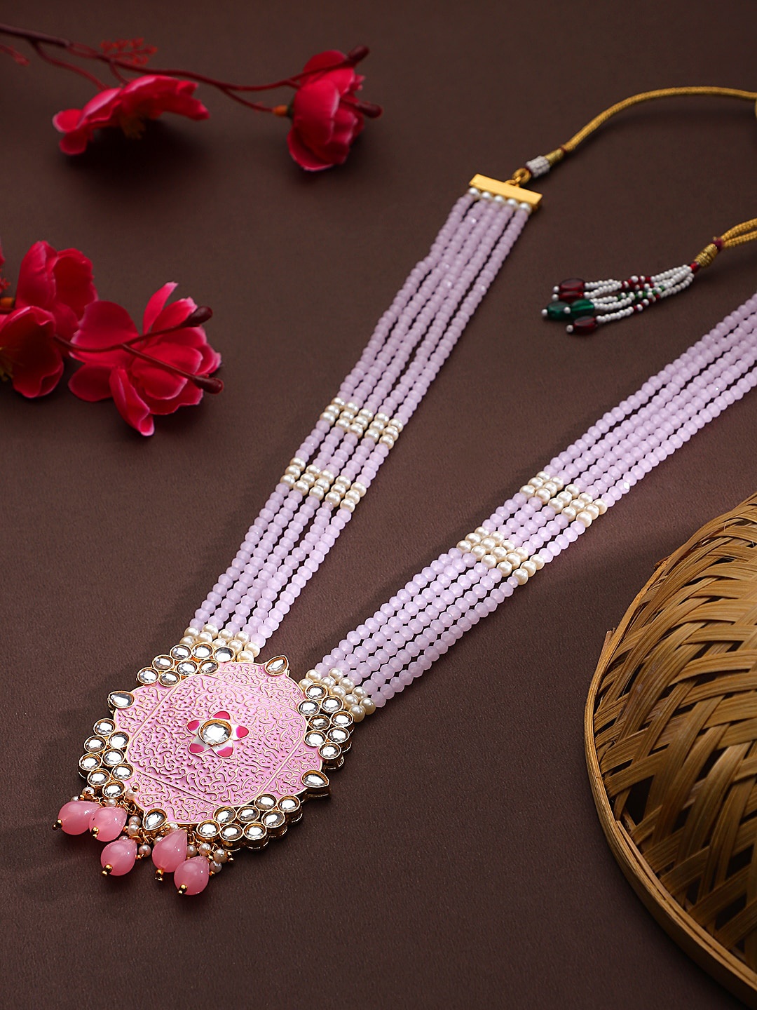 

STEORRA JEWELS Gold-Plated White & Kundan-Studded & Pink Pearl Beaded Choker Jewellery Set
