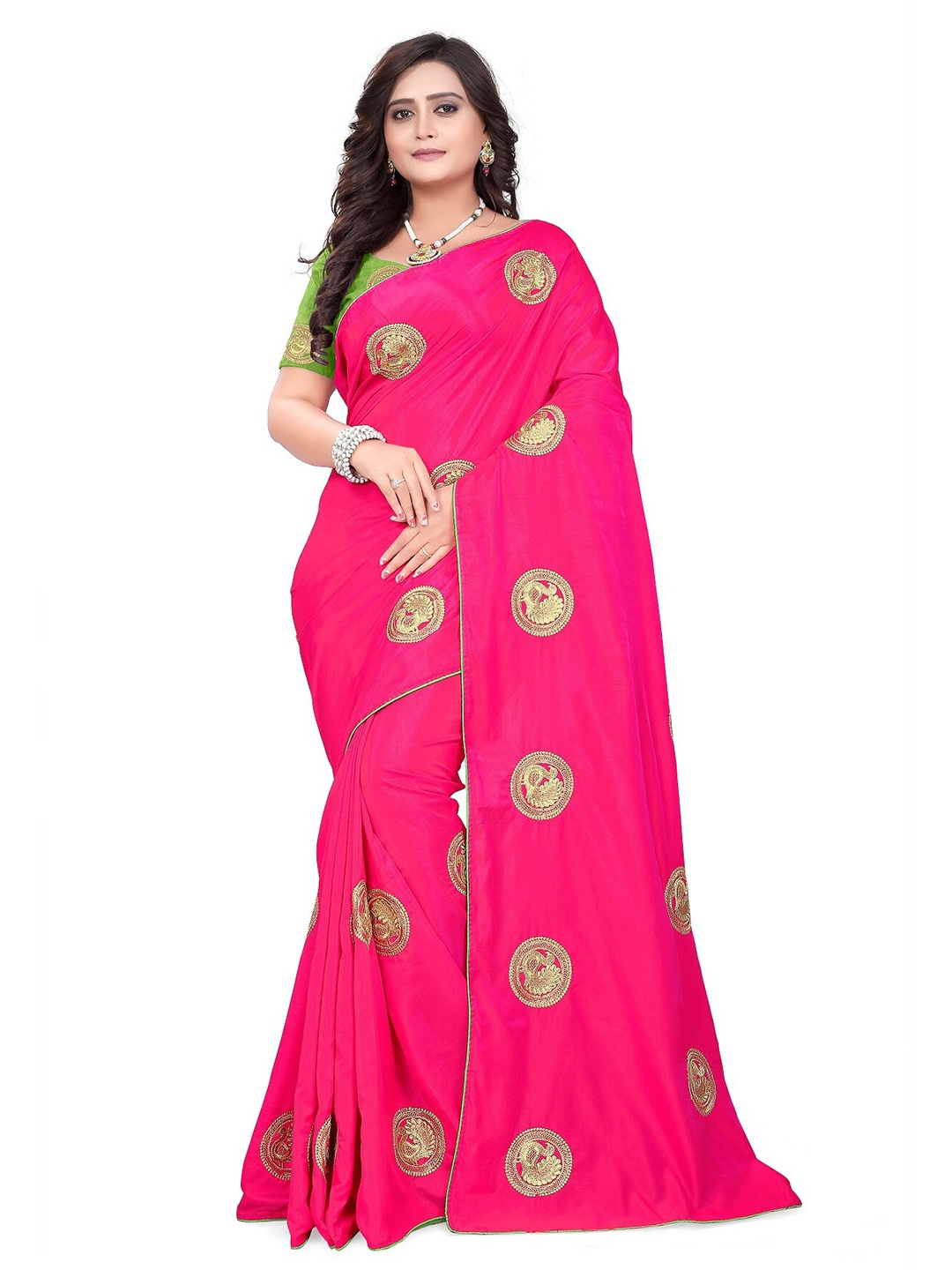 

KALINI Pink & Gold-Toned Paisley Embroidered Pure Silk Kota Saree