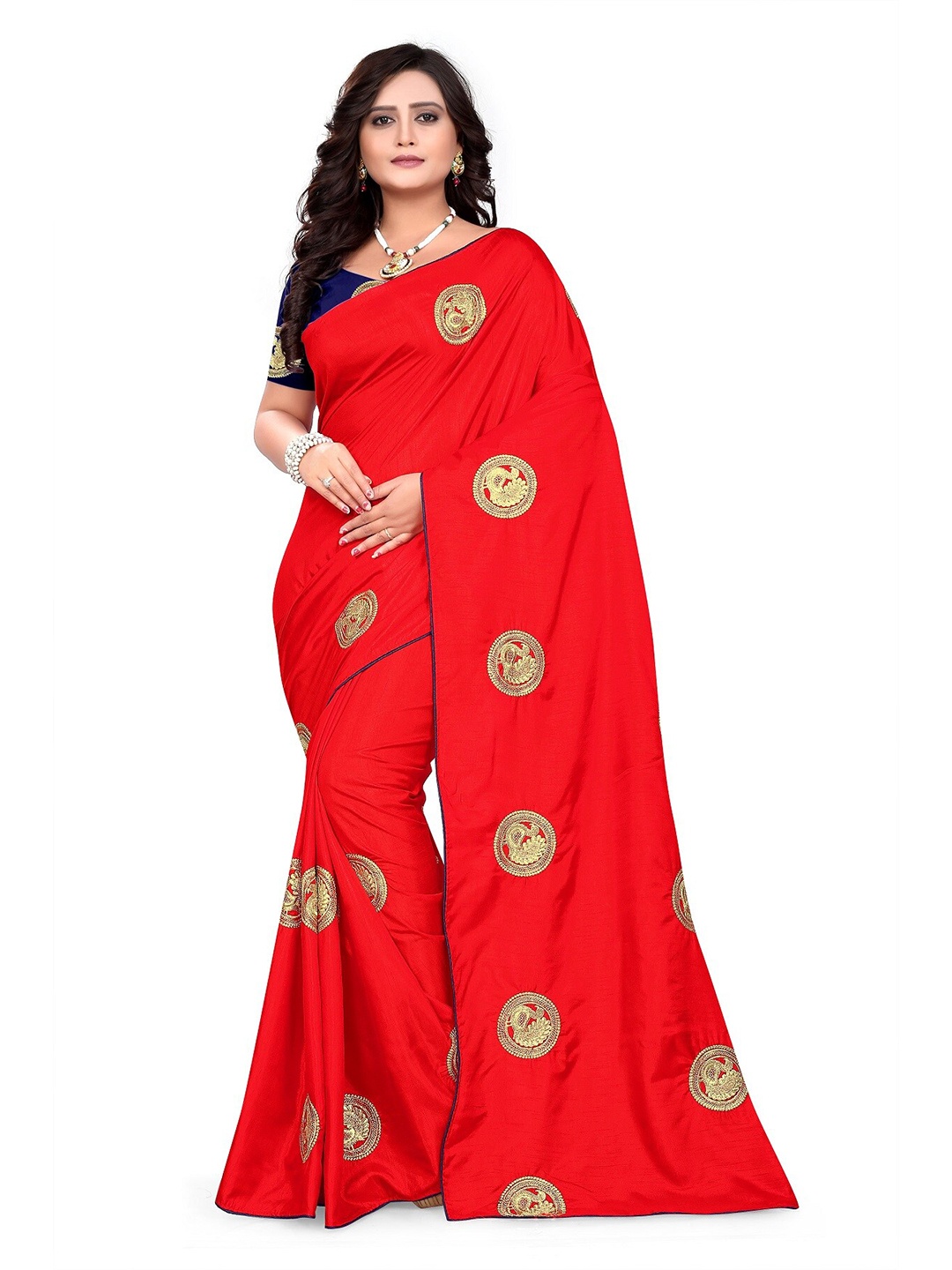 

KALINI Red & Gold-Toned Paisley Embroidered Pure Silk Kota Saree