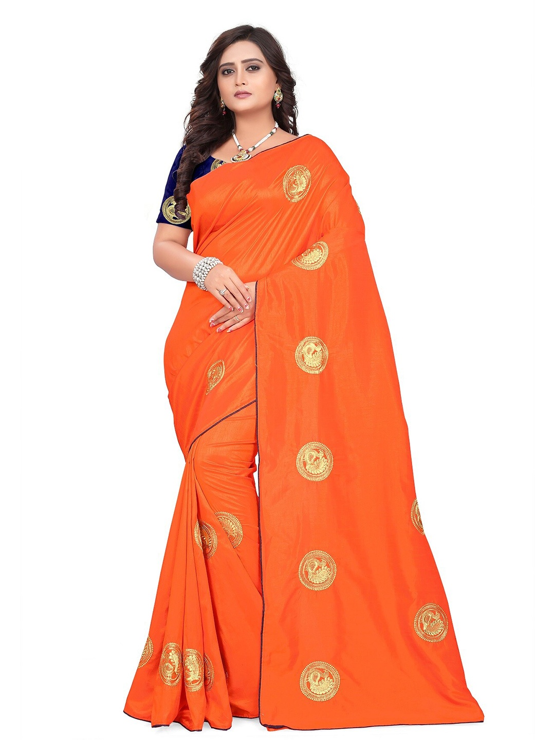 

KALINI Orange & Gold-Toned Paisley Embroidered Pure Silk Kota Saree