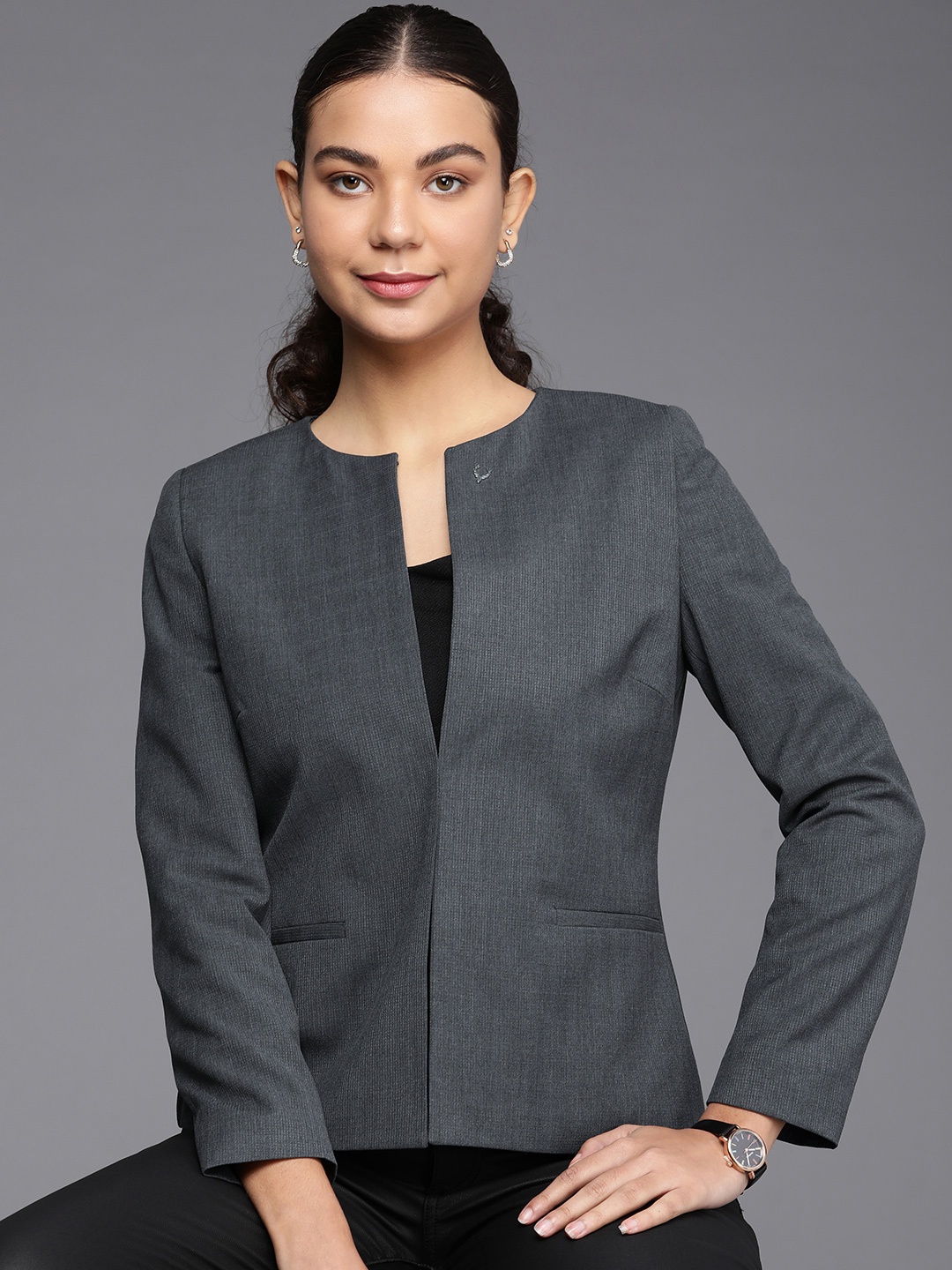 

Allen Solly Woman Charcoal Grey Solid Single-Breasted Blazer