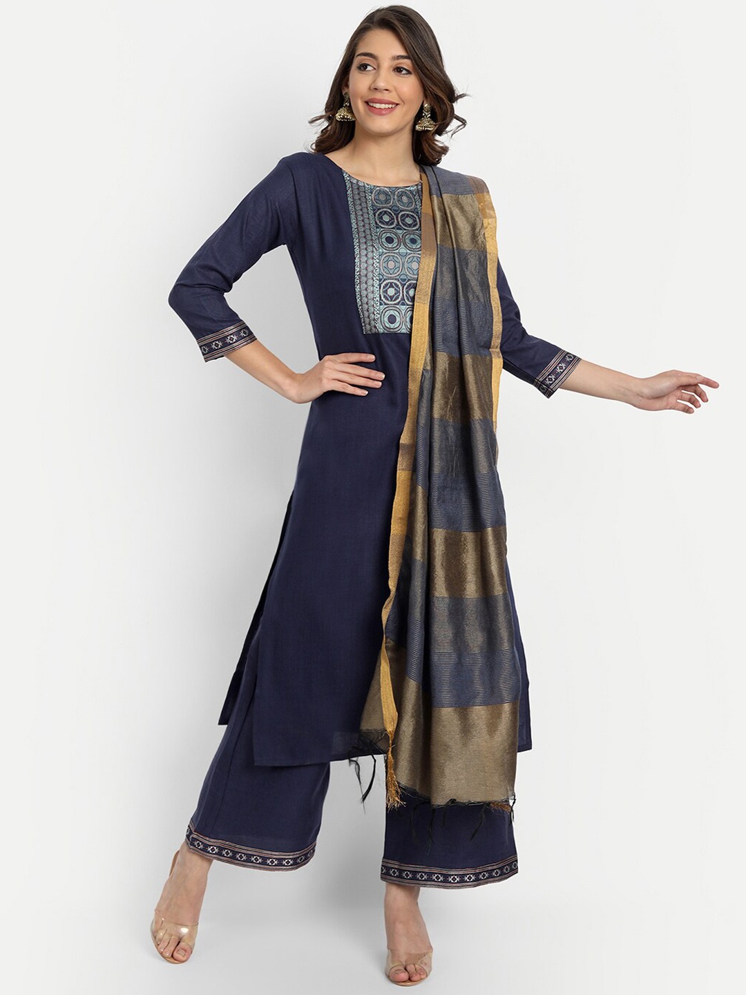 

GUNVANTI FAB Women Navy Blue Ethnic Motifs Yoke Design Thread Work Kurta with Palazzos & With Dupatta