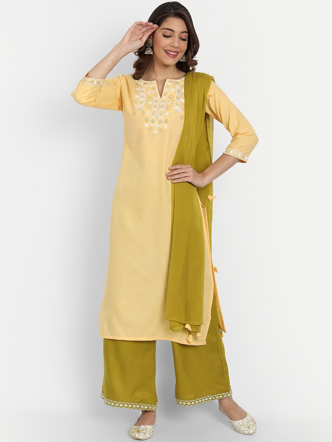 

GUNVANTI FAB Women Yellow Thread Work Kurta with Palazzos & With Dupatta