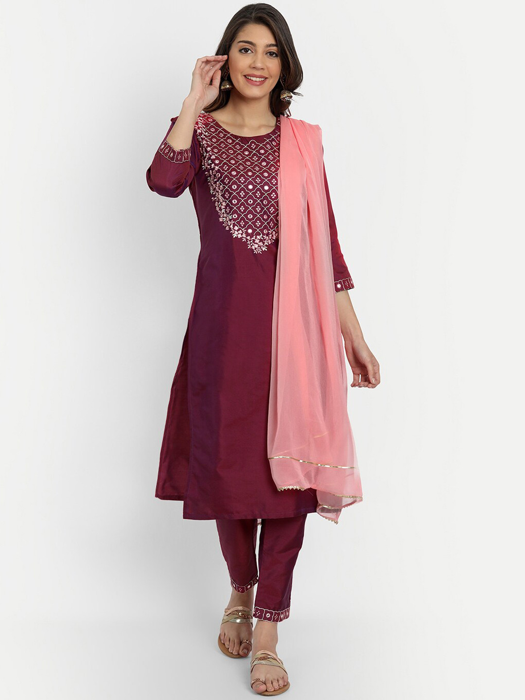 

GUNVANTI FAB Women Purple Mirror Work Kurta with Churidar & With Dupatta