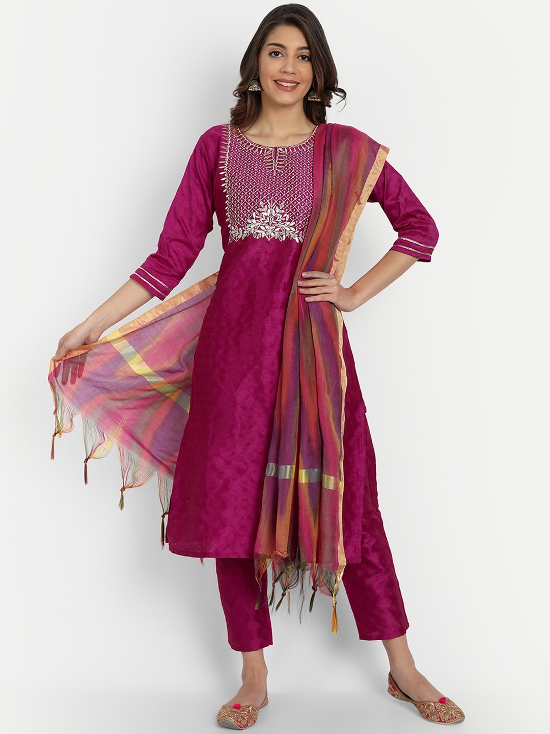 

GUNVANTI FAB Women Magenta Sequinned Kurti with Trousers & With Dupatta