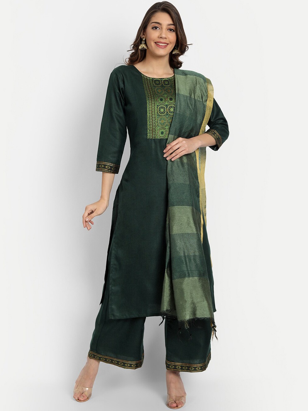 

GUNVANTI FAB Women Green Yoke Design Thread Work Kurti with Palazzos & With Dupatta