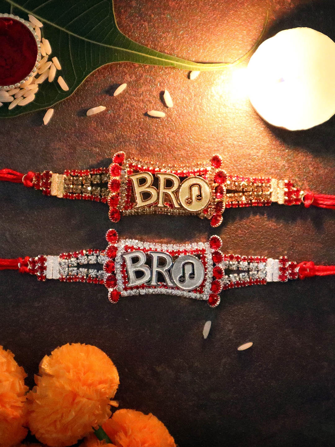 

TIED RIBBONS Set of 2 Stoned-Studded Bro Rakhi with Card & Roli Chawal, Multi
