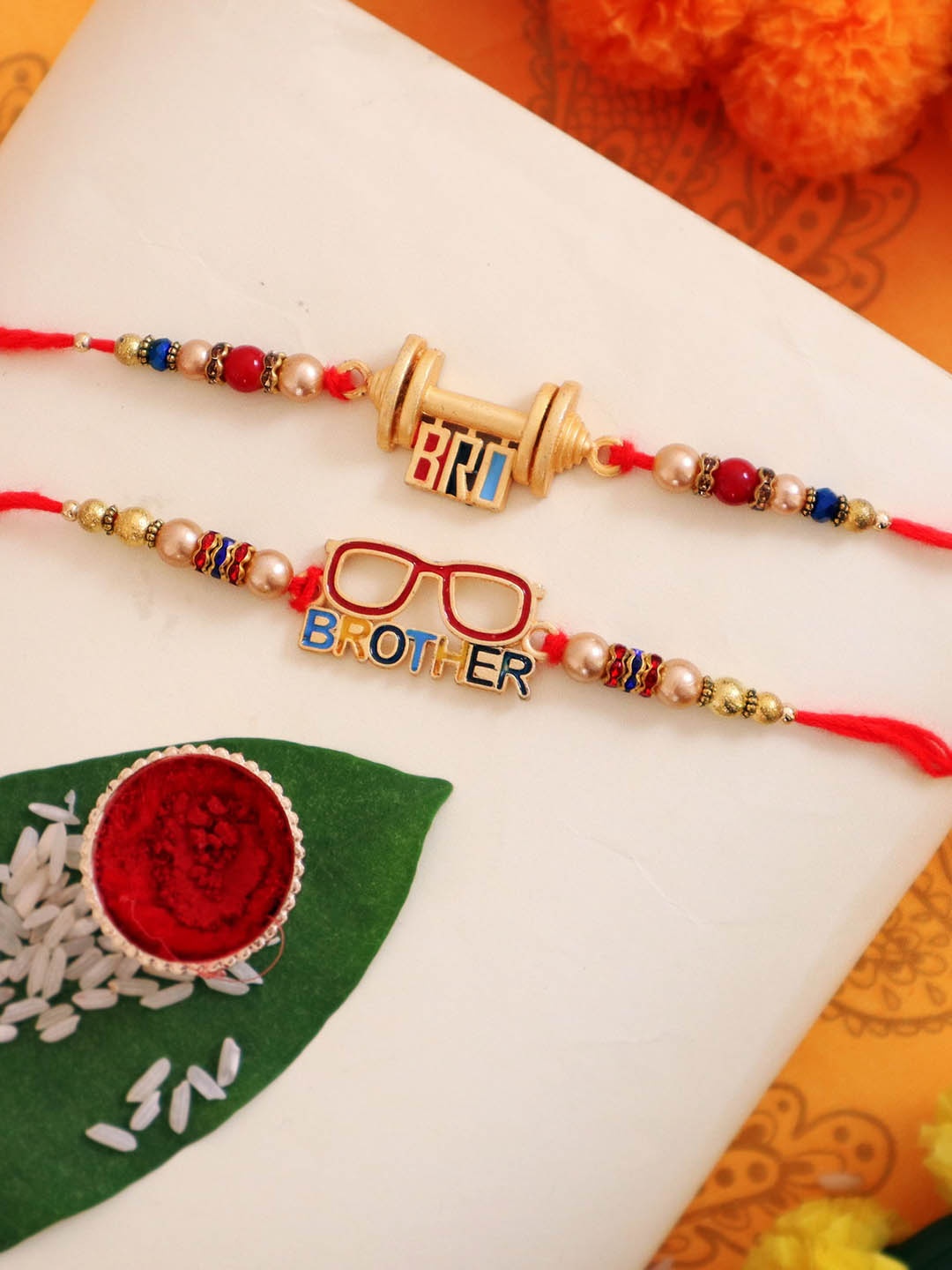 

TIED RIBBONS Set of 2 Brother Bro Rakhi with Card & Roli Chawal Combo, Multi