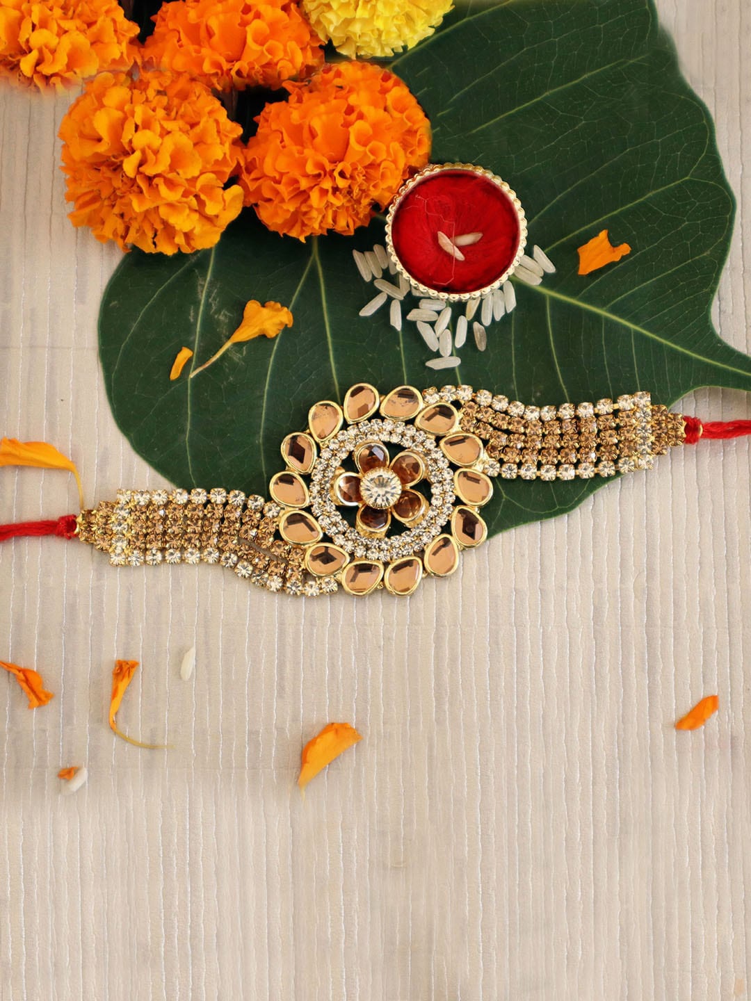

TIED RIBBONS Men Designer Stoned-Studded Floral Rakhi with Card & Roli Chawal, Multi