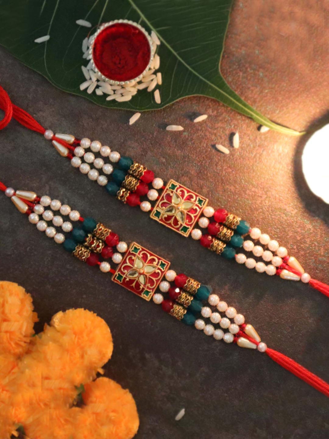

TIED RIBBONS Set of 2 Premium Pearl Rakhi with Card & Roli Chawal, Multi