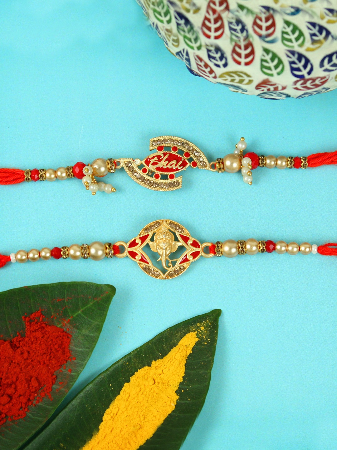 

TIED RIBBONS Set of 2 Ganesha & Bhai Bracelet Rakhi Set with Card & Roli Chawal, Gold