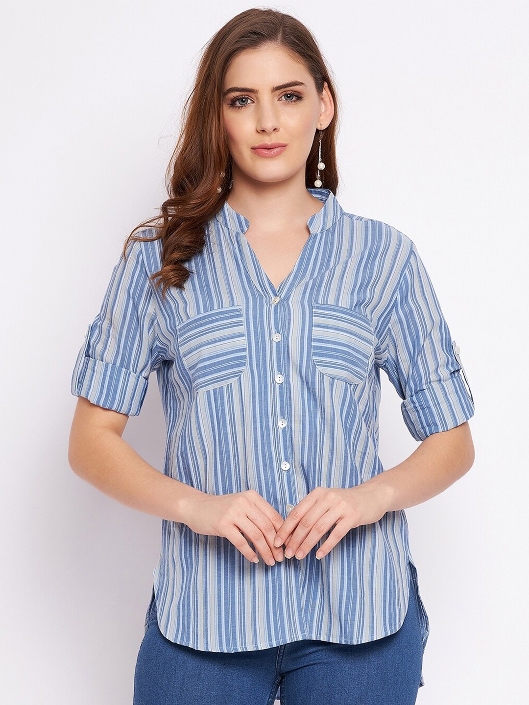 

Ruhaans Women Blue Classic Striped Casual Shirt