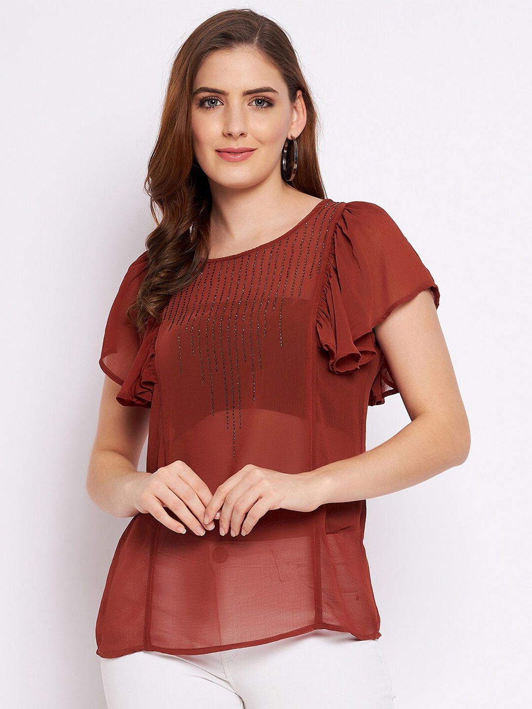 

Ruhaans Rust Embellished Studded Sheer Georgette Top