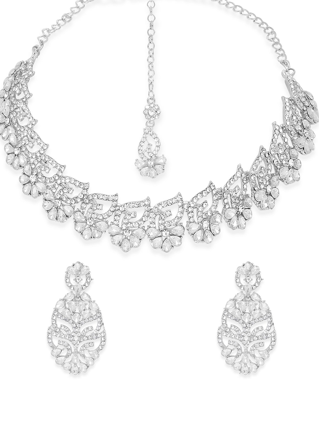 

VATSALYA creation Rhodium-Plated White Stone Studded Jewellery Set, Silver