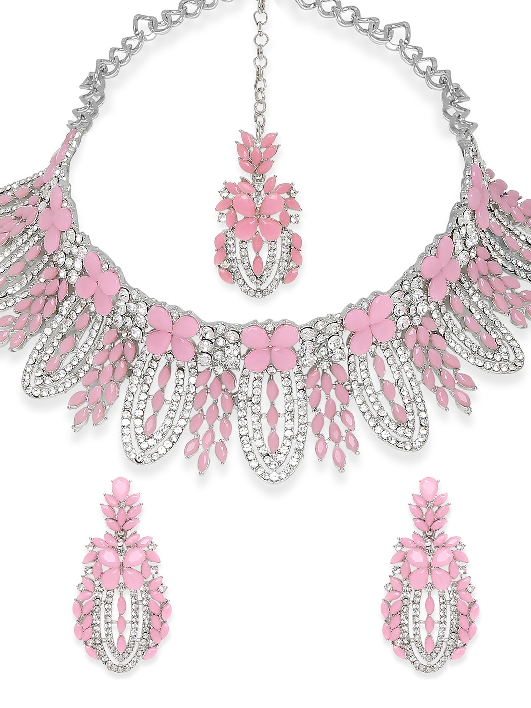 

VATSALYA Rhodium-Plated Pink Stone-Studded Jewellery Set, Silver