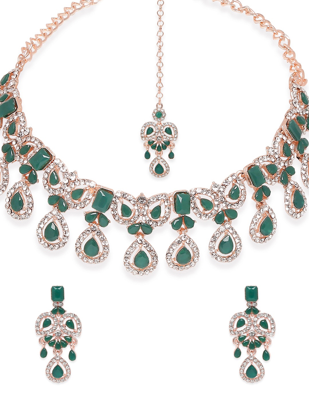 

VATSALYA creation Rose Gold-Plated Green & White Stone-Studded Jewellery Set