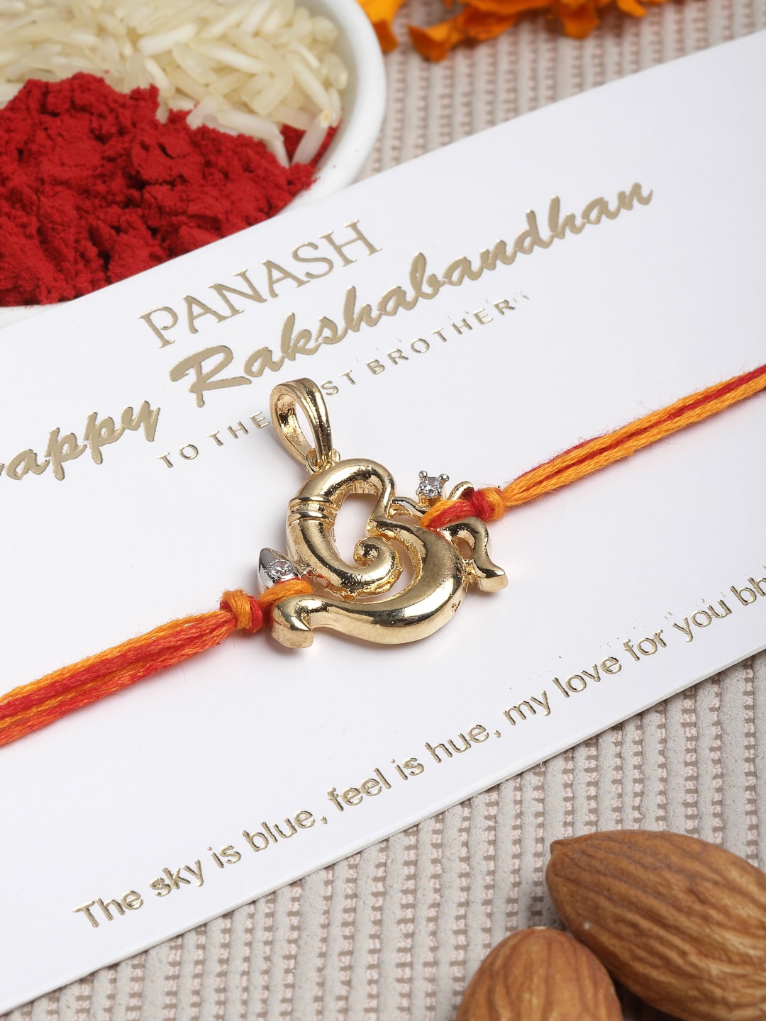 

PANASH Men Red & Gold-Coloured Ganesha Rakhi With RoliChawal