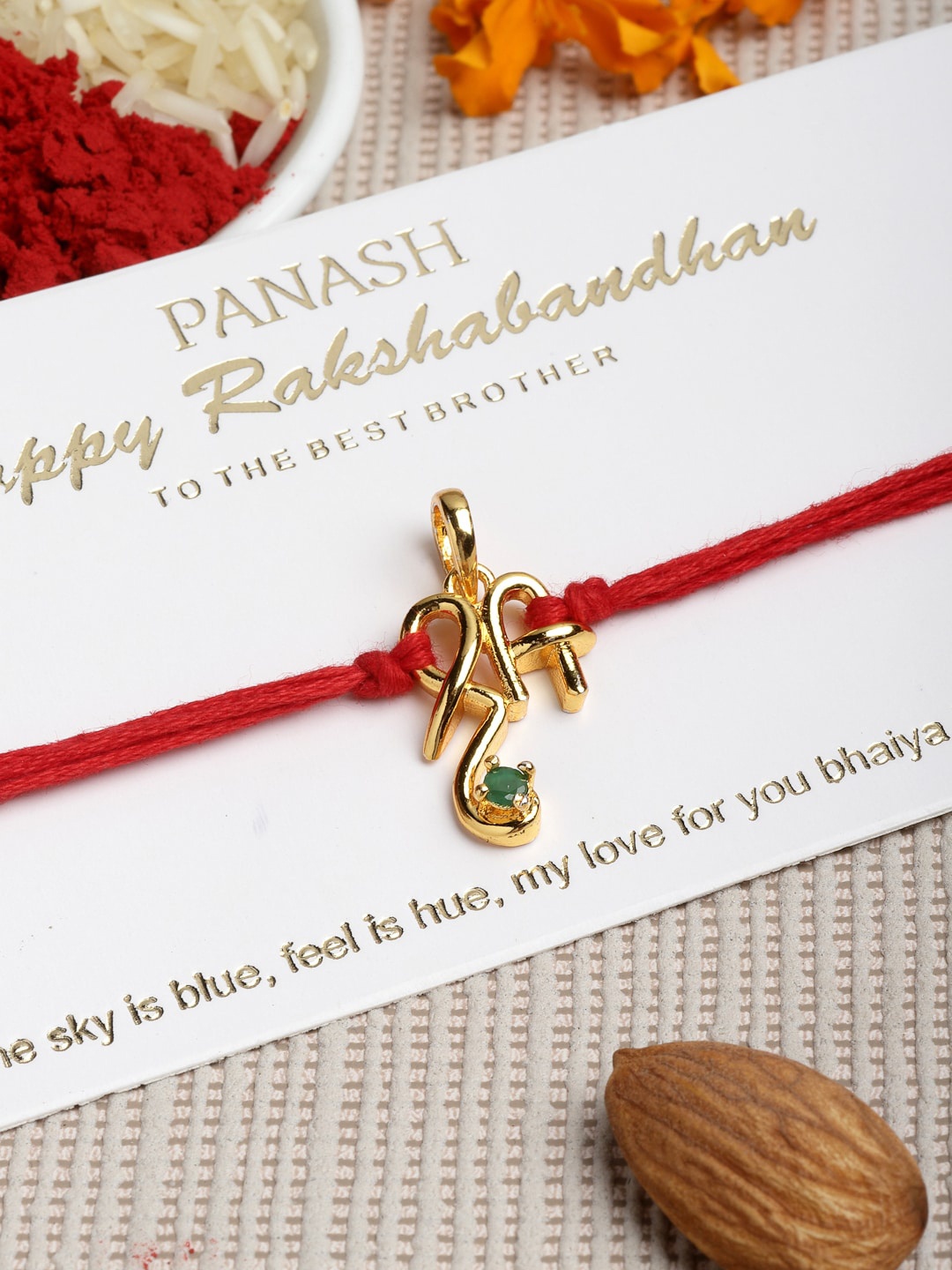 

PANASH Men Gold-Plate Convertible Pendant Rakhi With Roli & Chawal