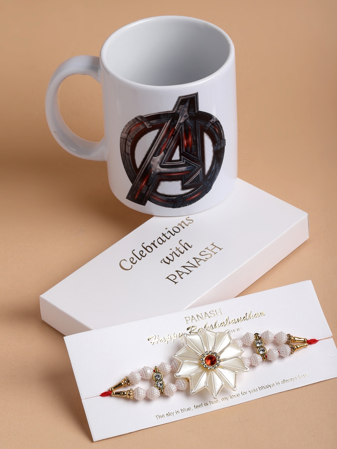 

PANASH White Floral Beaded Designer Rakhi with Mug Gift Set