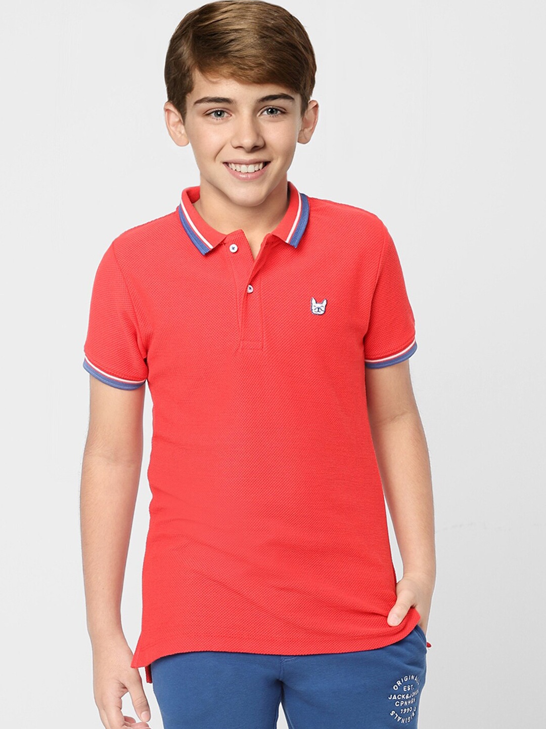 

Jack & Jones Boys Red & sunset orange Polo Collar Extended Sleeves T-shirt