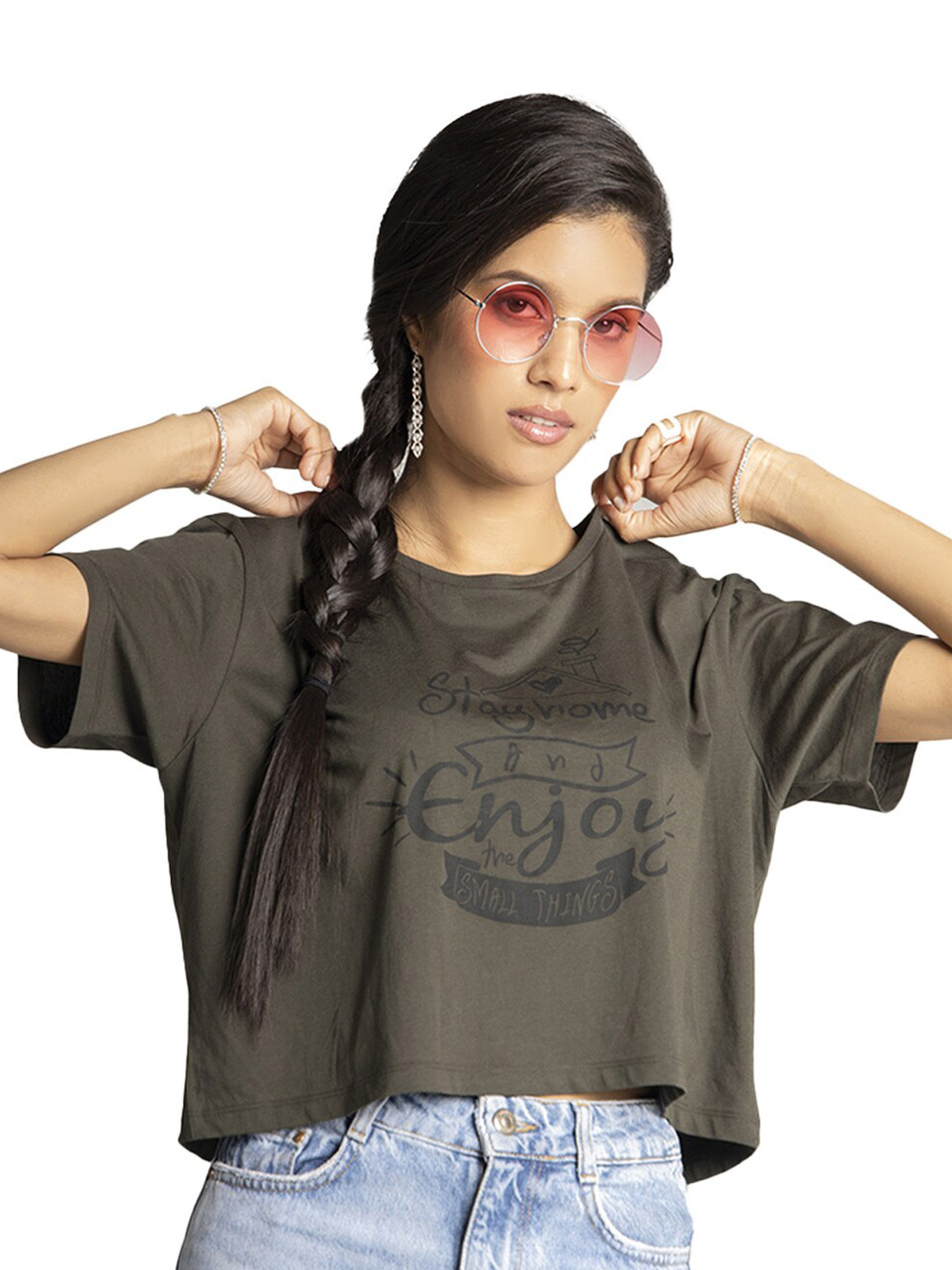 

EDRIO Women Olive Green & liver Pure Cotton Oversized T-shirt