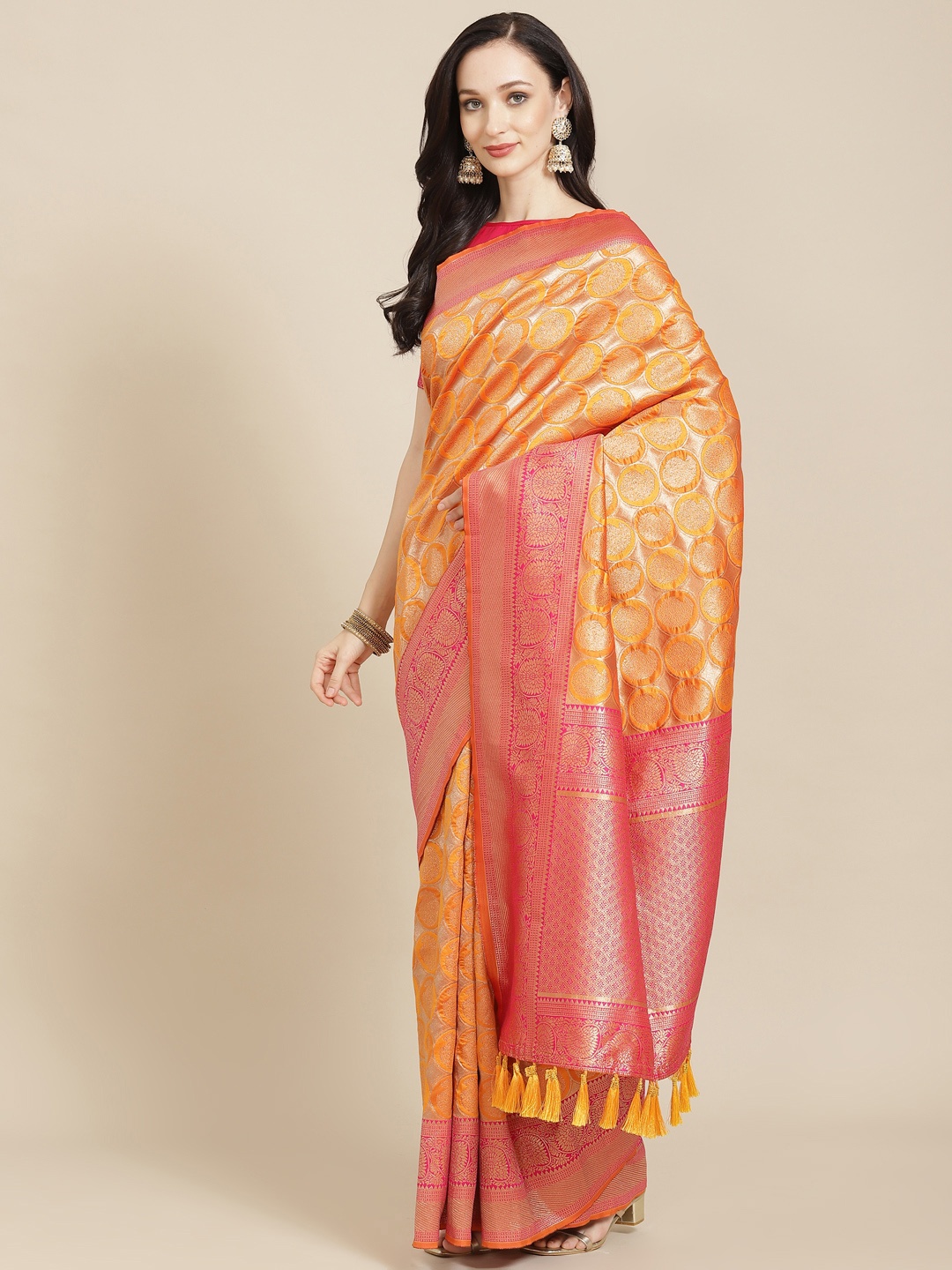 

SHANGRILA Mustard & Pink Woven Design Zari Pure Silk Heavy Work Banarasi Saree