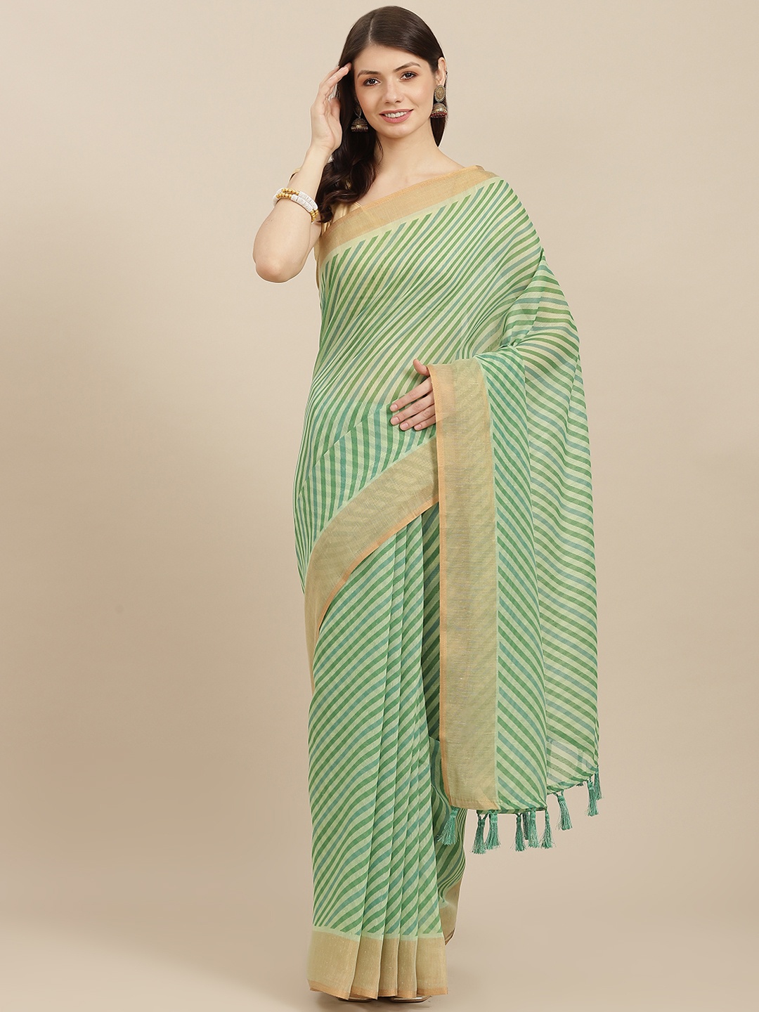 

SHANGRILA Green & Beige Leheriya Linen Cotton Saree