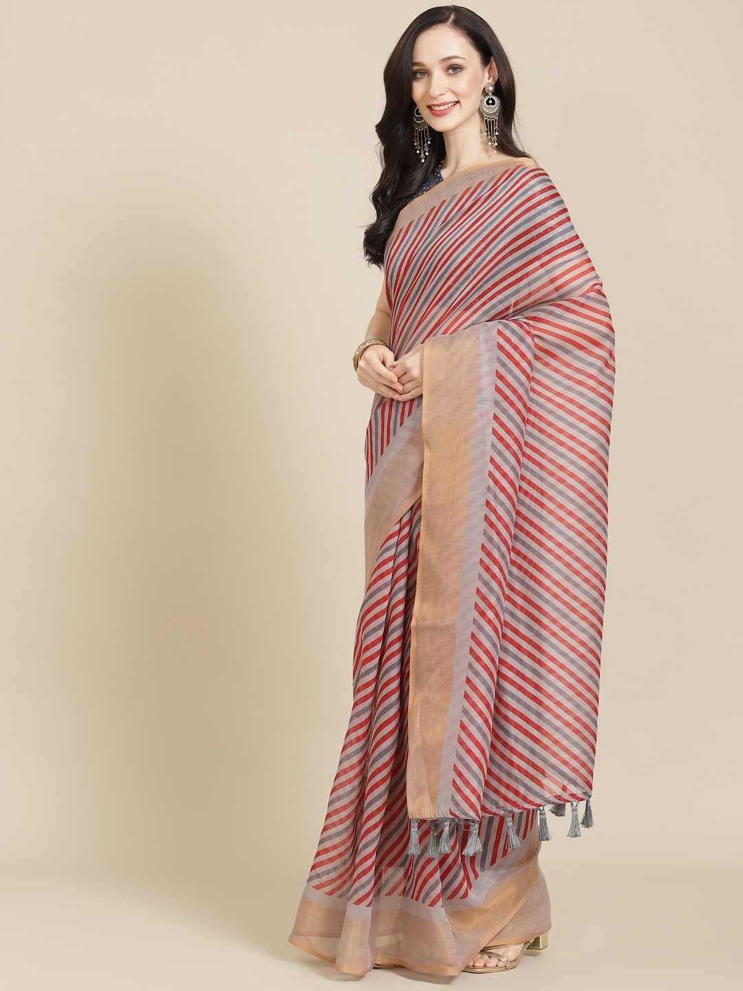 

SHANGRILA Red & Blue Leheriya Jute Silk Leheriya Saree
