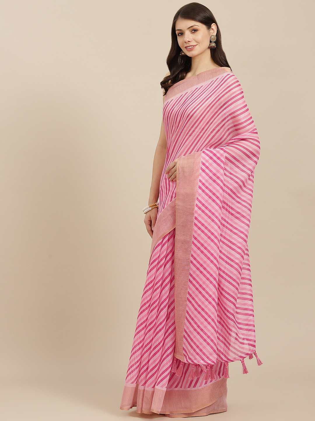 

SHANGRILA Pink & Off White Leheriya Linen Cotton Saree