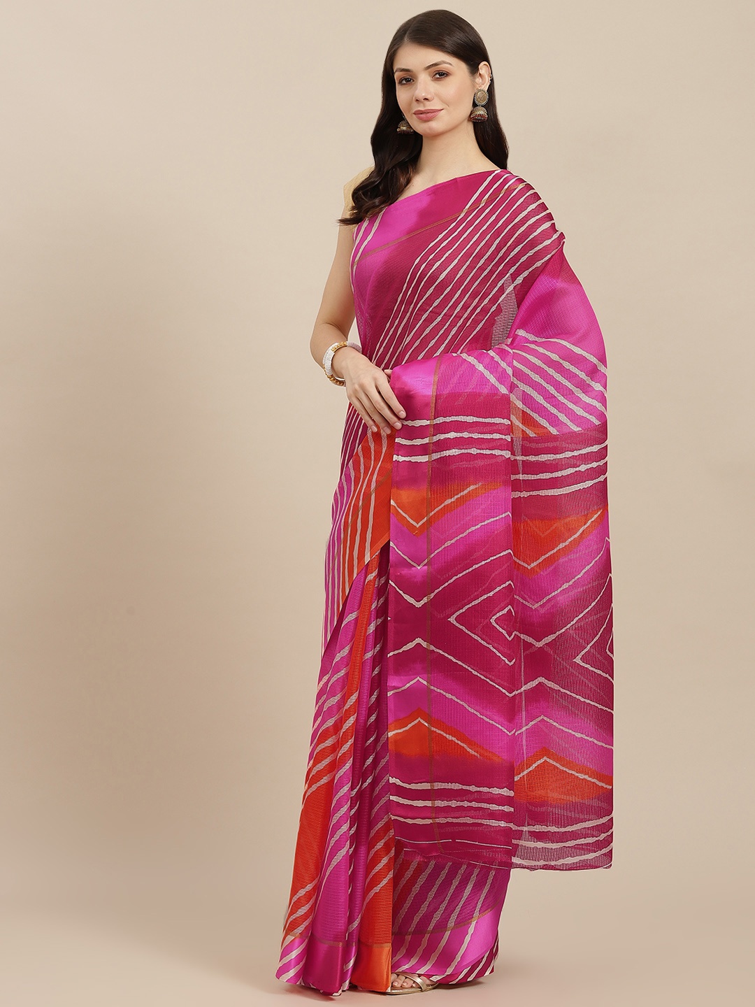 

SHANGRILA Red & Pink Jute Silk Shibori Kota Doria Saree