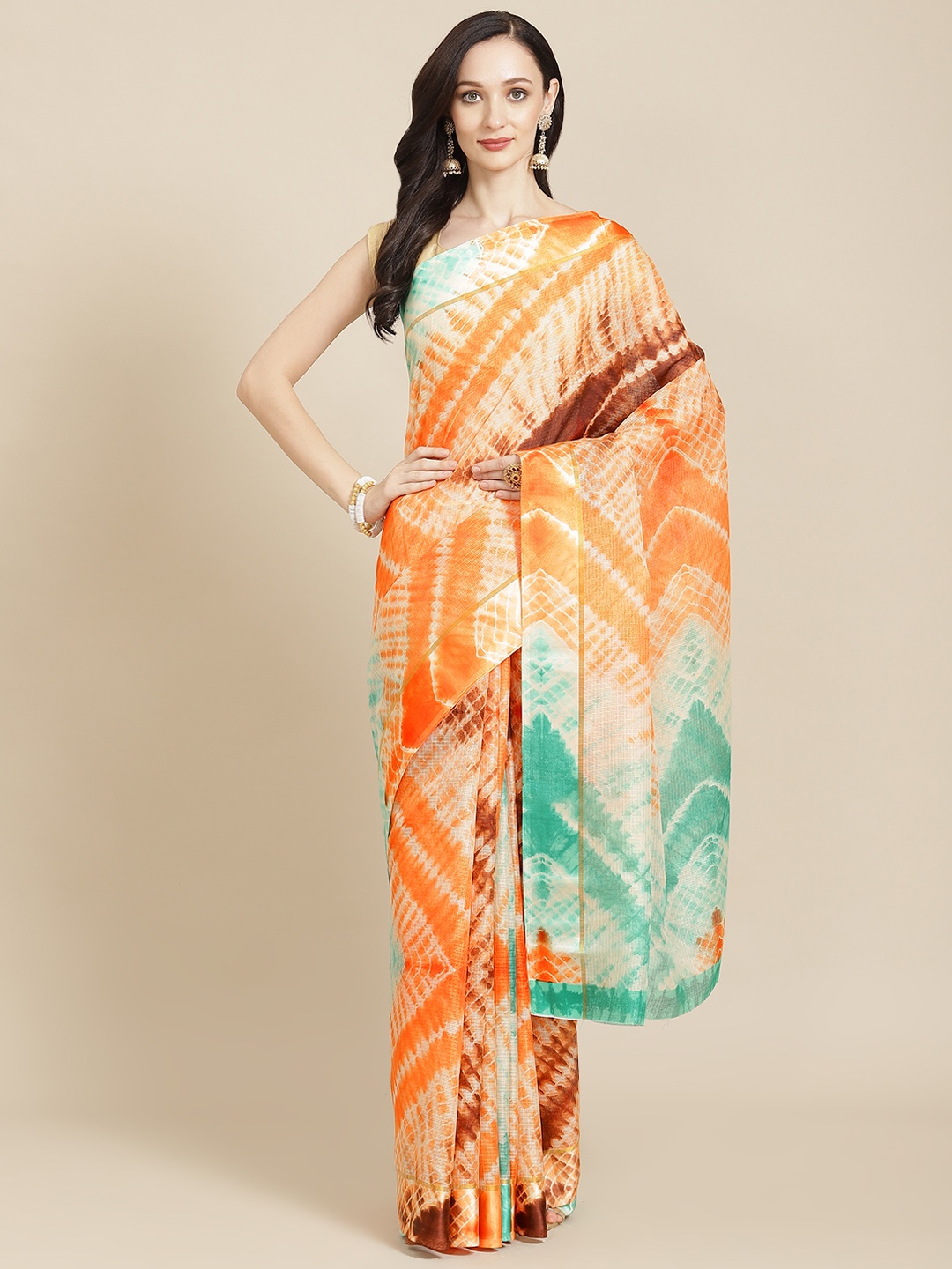 

SHANGRILA Peach-Coloured & Green Shibori Printed Kota Doria Saree