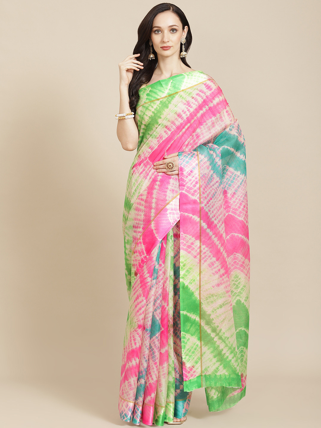 

SHANGRILA Pink & Green Jute Silk Leheriya Saree