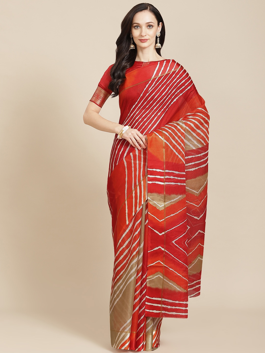 

SHANGRILA Red Shibori Printed Jute Silk Kota Doria Saree