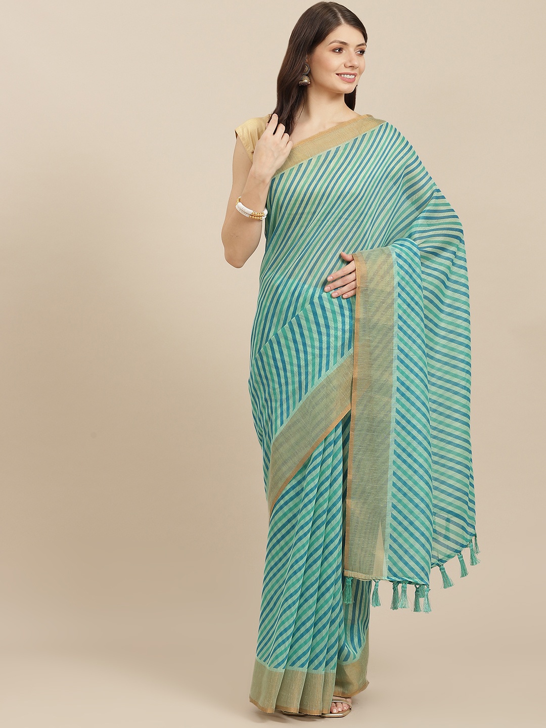 

SHANGRILA Blue & Green Leheriya Linen Cotton Saree
