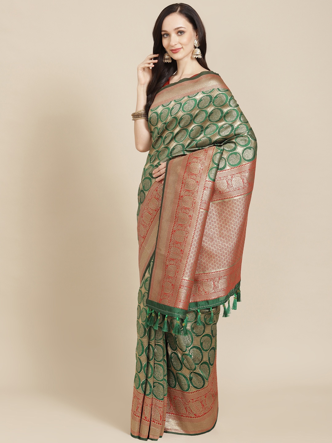 

SHANGRILA Green & Golden Ethnic Motifs Zari Pure Silk Heavy Work Banarasi Saree