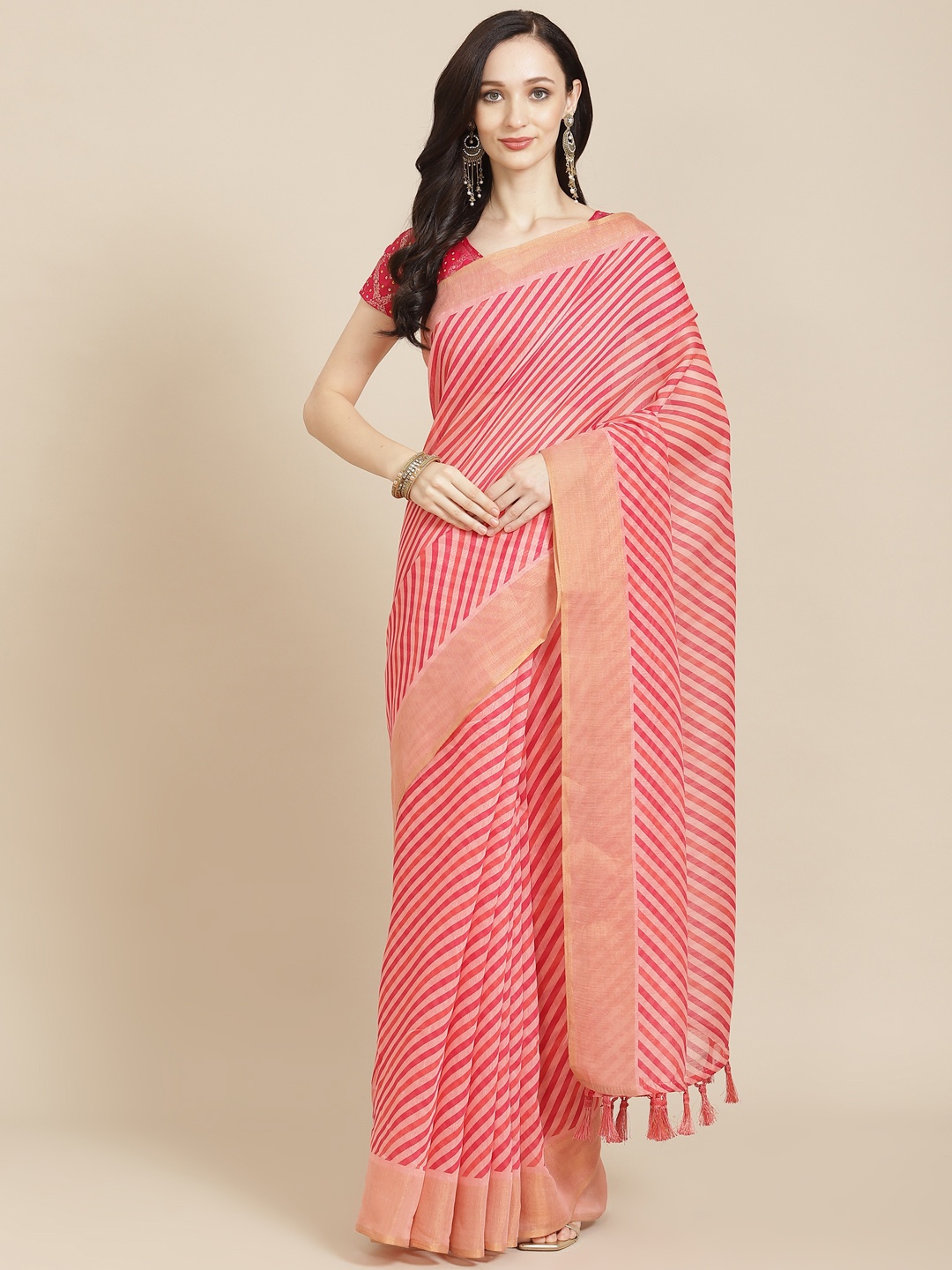 

SHANGRILA Red & Peach-Coloured Leheriya Jute Silk Leheriya Saree