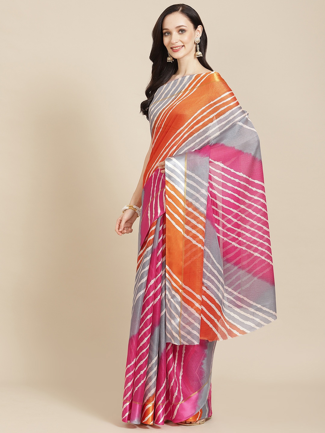 

SHANGRILA Grey & Pink Striped Jute Silk Leheriya Saree