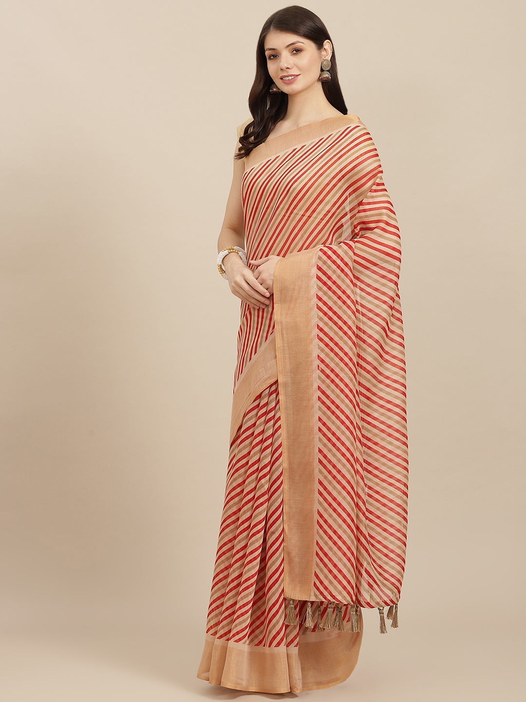 

SHANGRILA Red & Beige Leheriya Linen Cotton Saree
