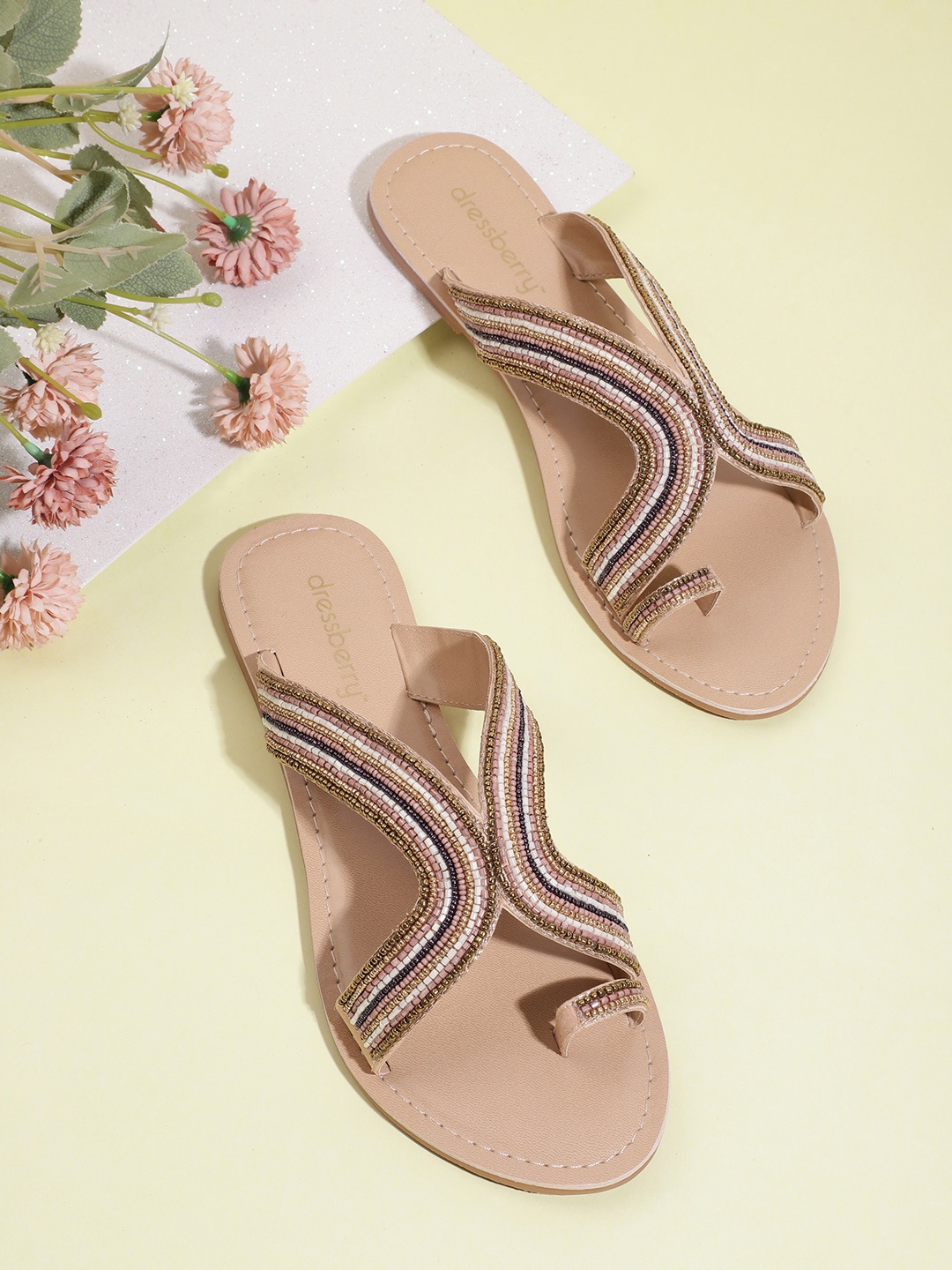 

DressBerry Women Stone Embellished One Toe Flats, Nude