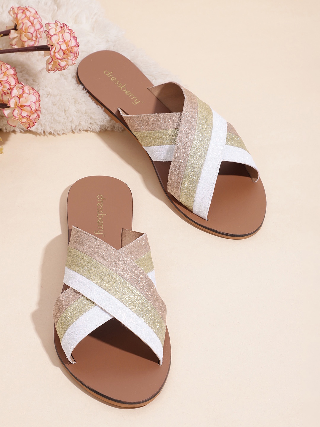 

DressBerry Women Striped Criss-Cross Shimmer Open Toe Flats, White