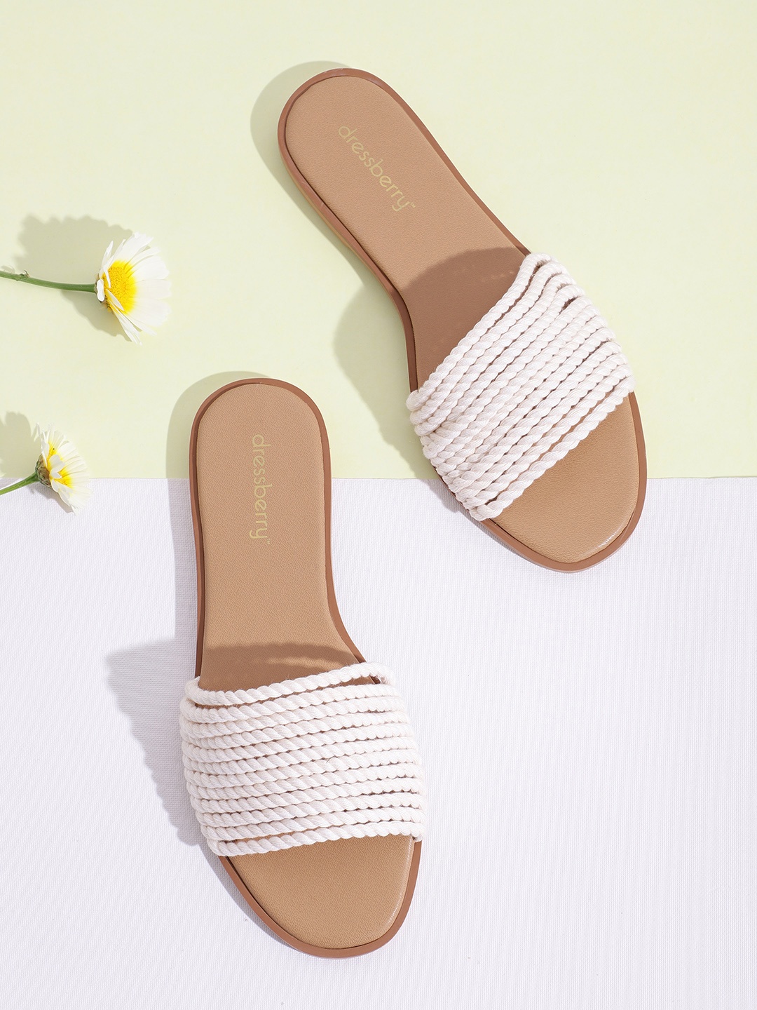 

DressBerry Women White Rope Textured Open Toe Flats