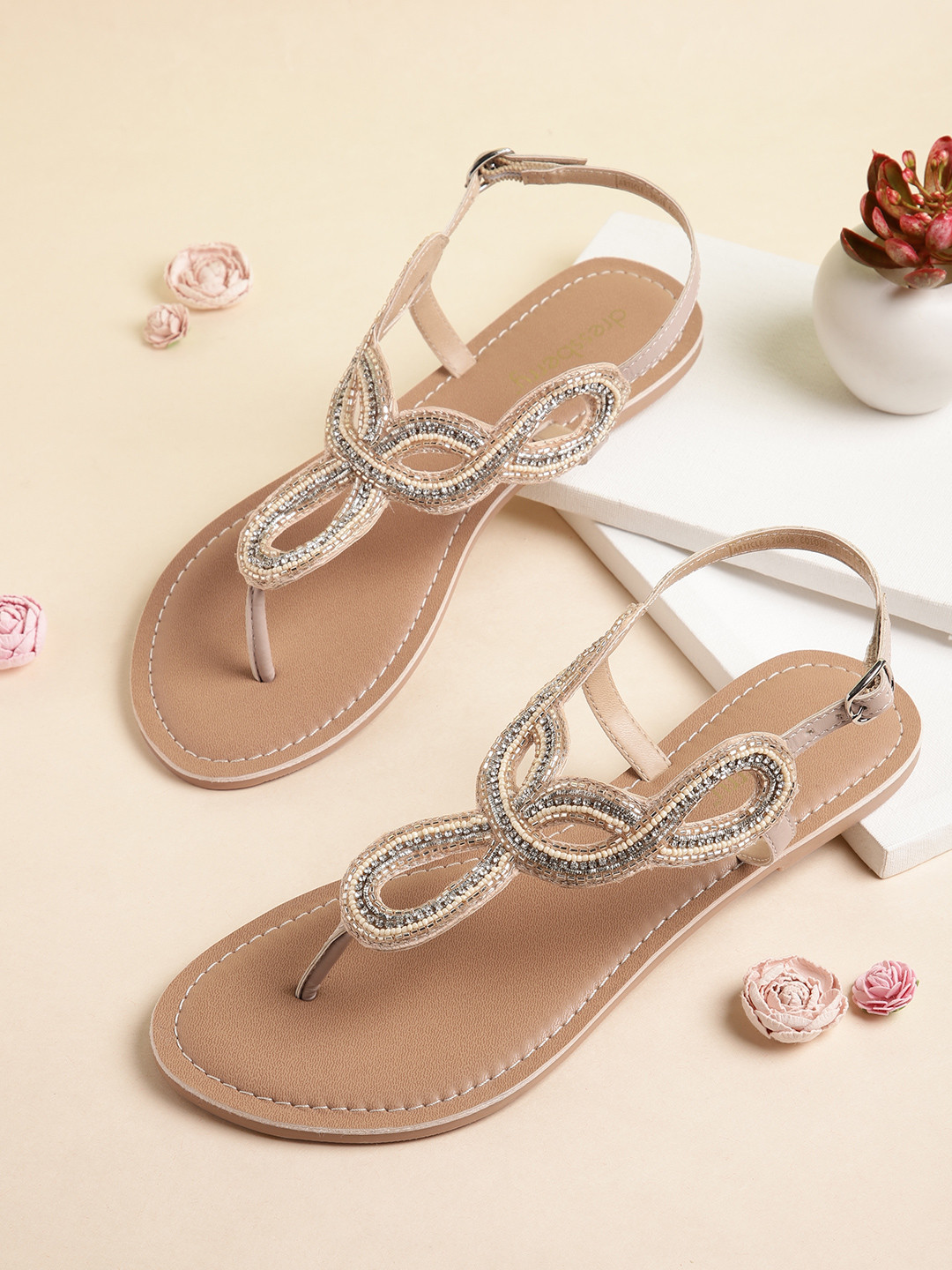 

DressBerry Embellished Open Toe Flats with Cut-Out, Beige
