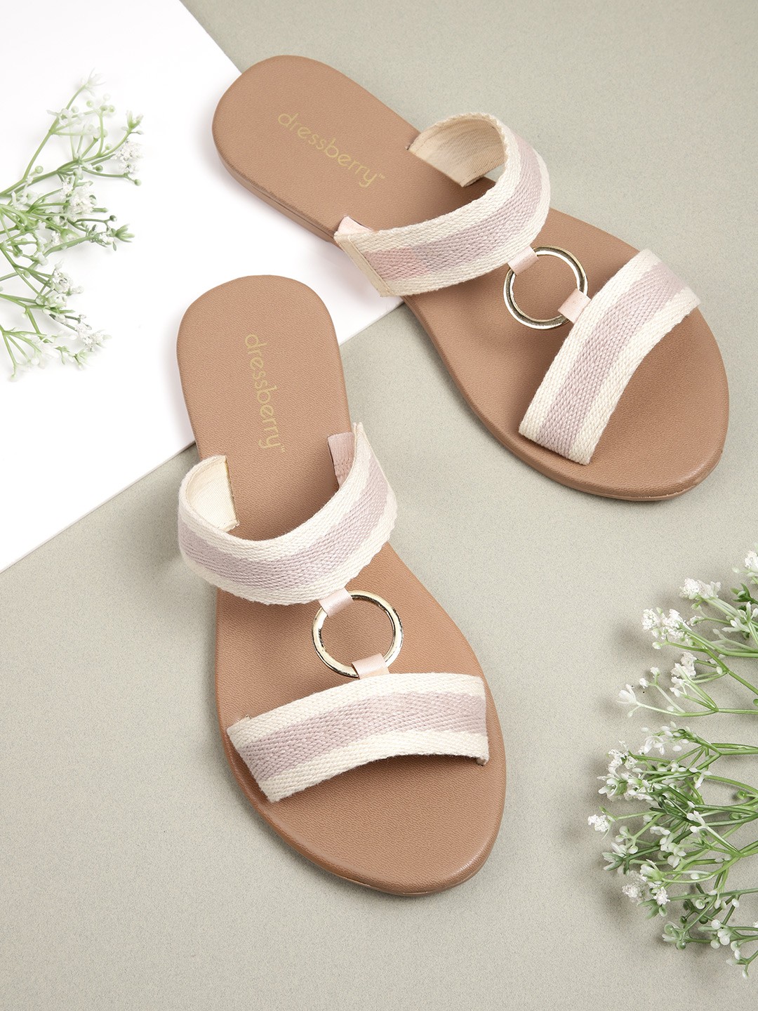 

DressBerry Women Off White Striped Open Toe Flats