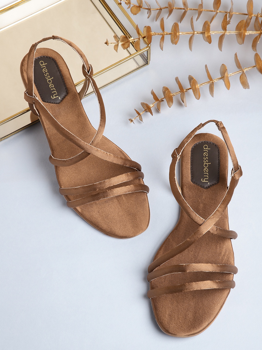 

DressBerry Women Solid Satin Finish Criss-Cross Open Toe Flats, Brown