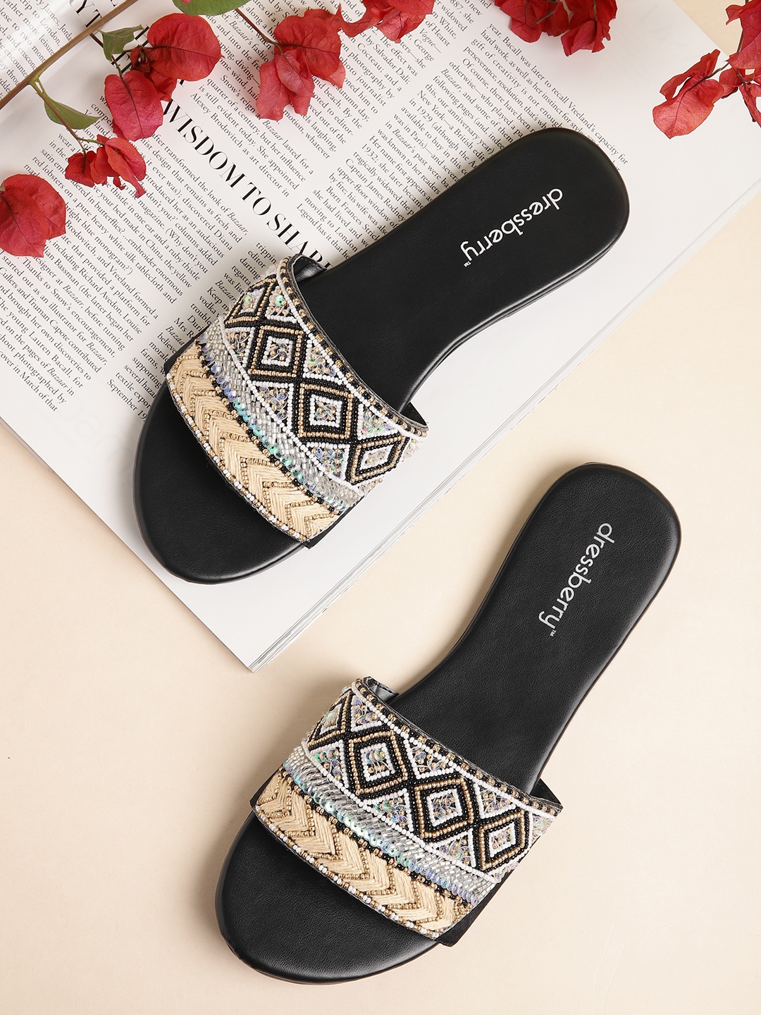 

DressBerry Women Embellished Open Toe Flats, Black