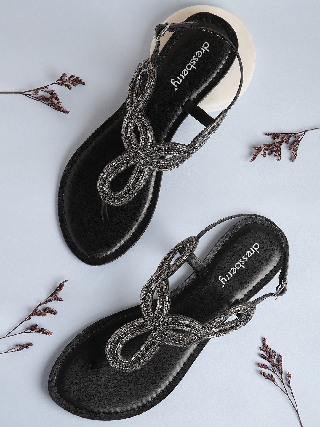 

DressBerry Women Embellished T-Strap Flats, Black
