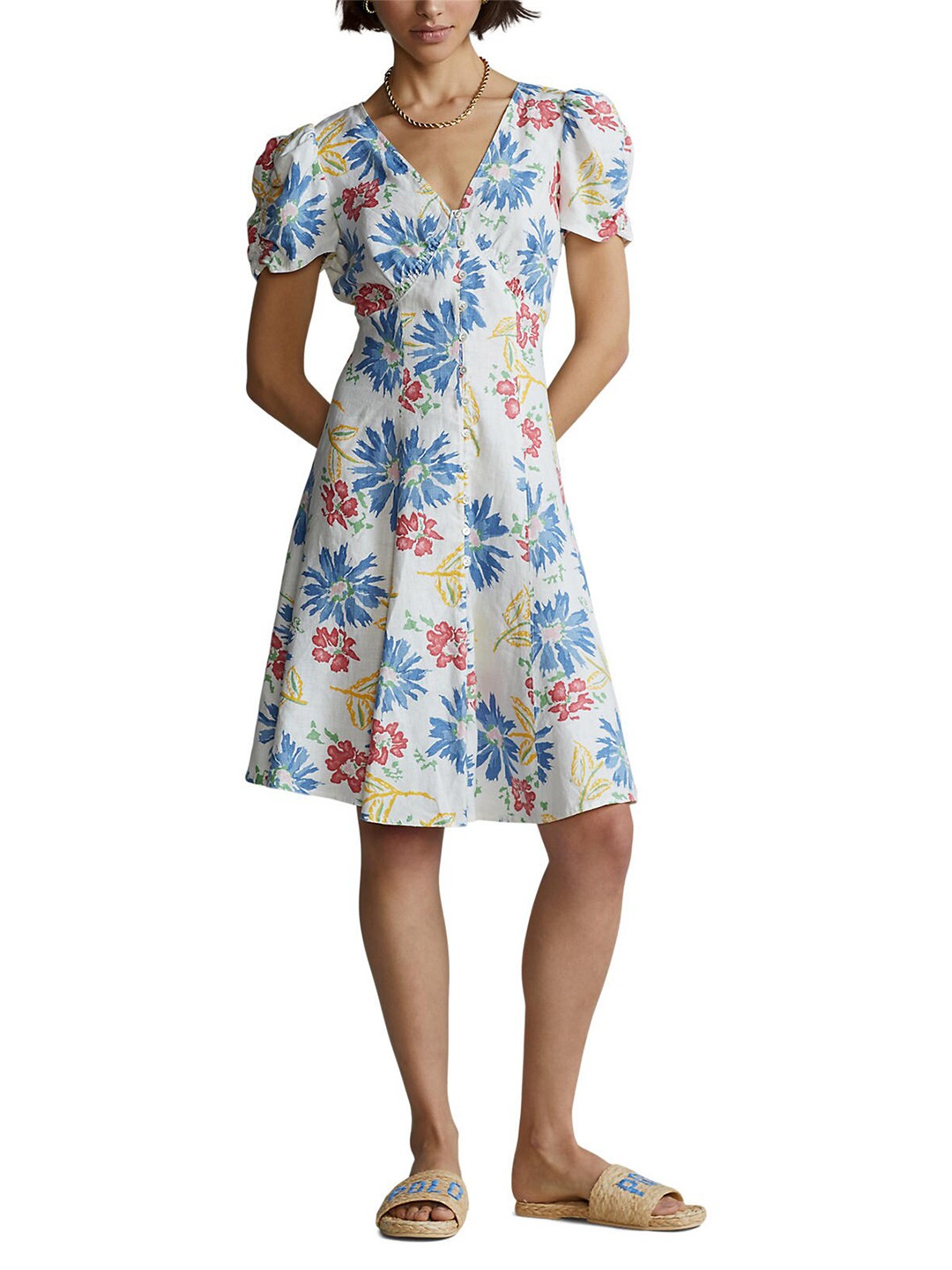 

Polo Ralph Lauren Women White & Blue Printed Linen Dresses