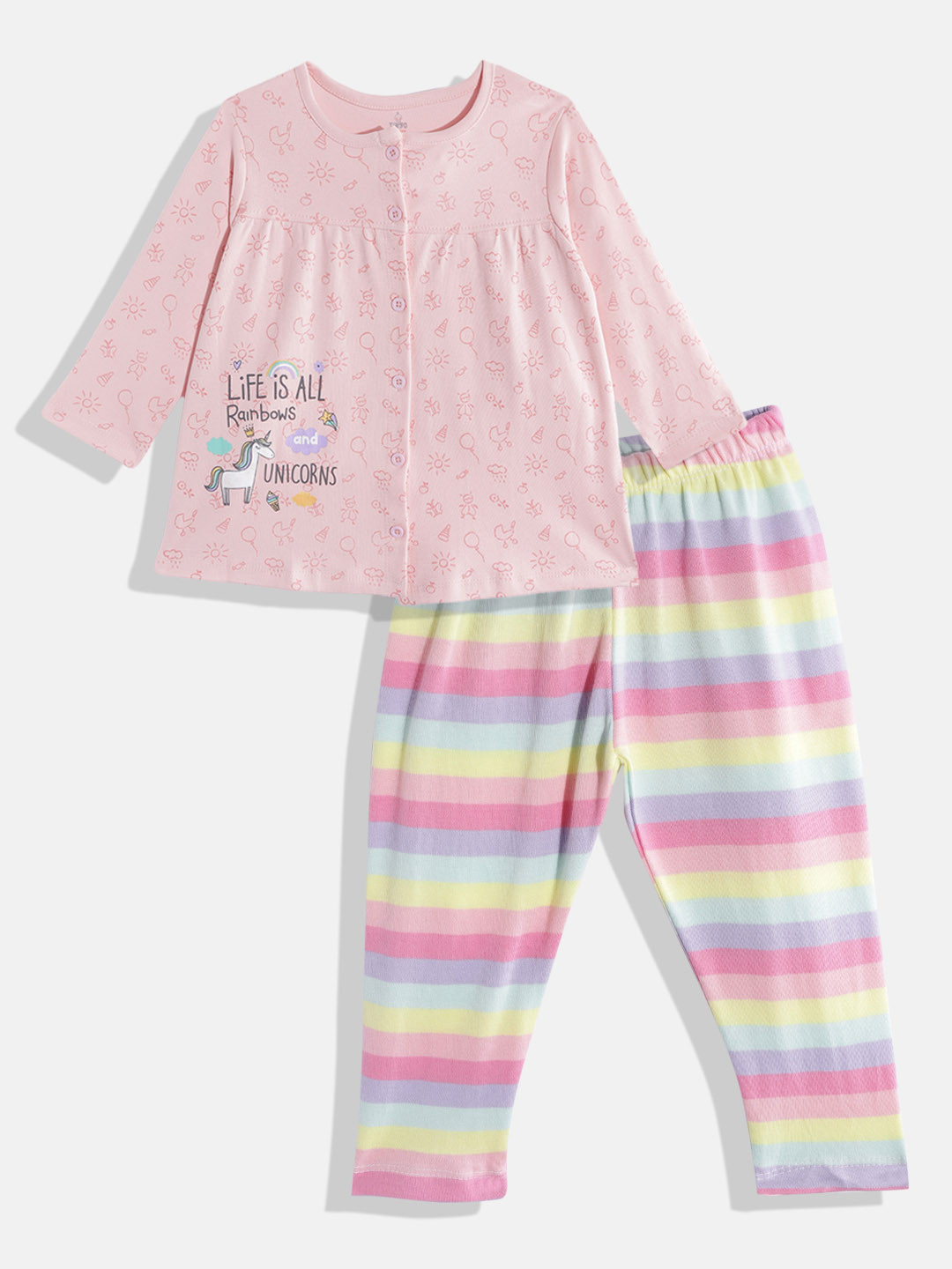 

TINYO Girls Peach-Coloured & Yellow Pure Cotton Printed T-shirt with Pyjamas