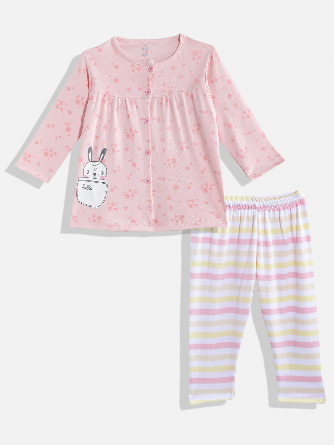 

TINYO Infant Girls Pink & White Floral Print Pure Cotton Fit & Flare Dress with Leggings