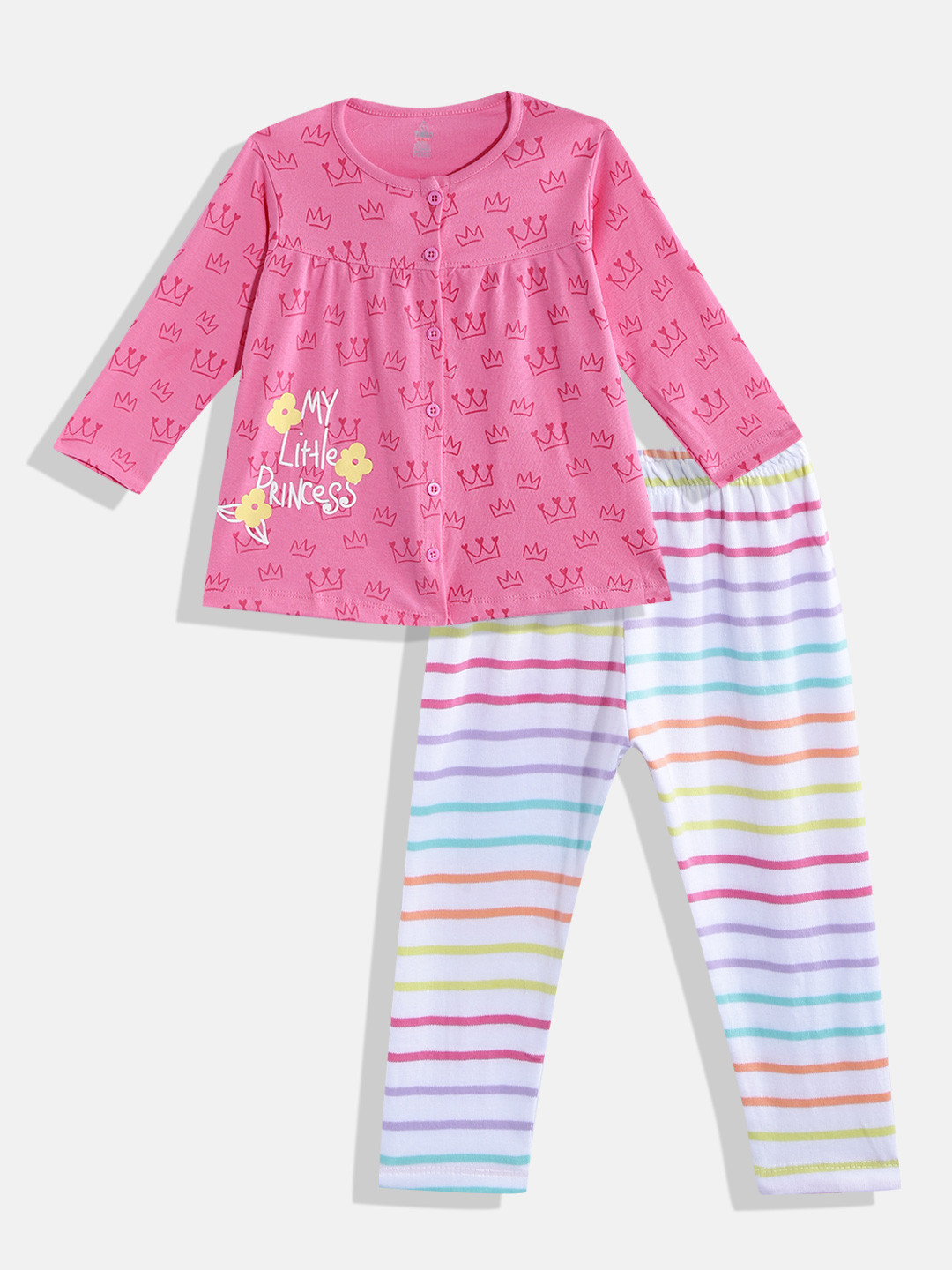 

TINYO Infant Girls Fuchsia Pink & White Pure Cotton Fit & Flare Dress with Leggings